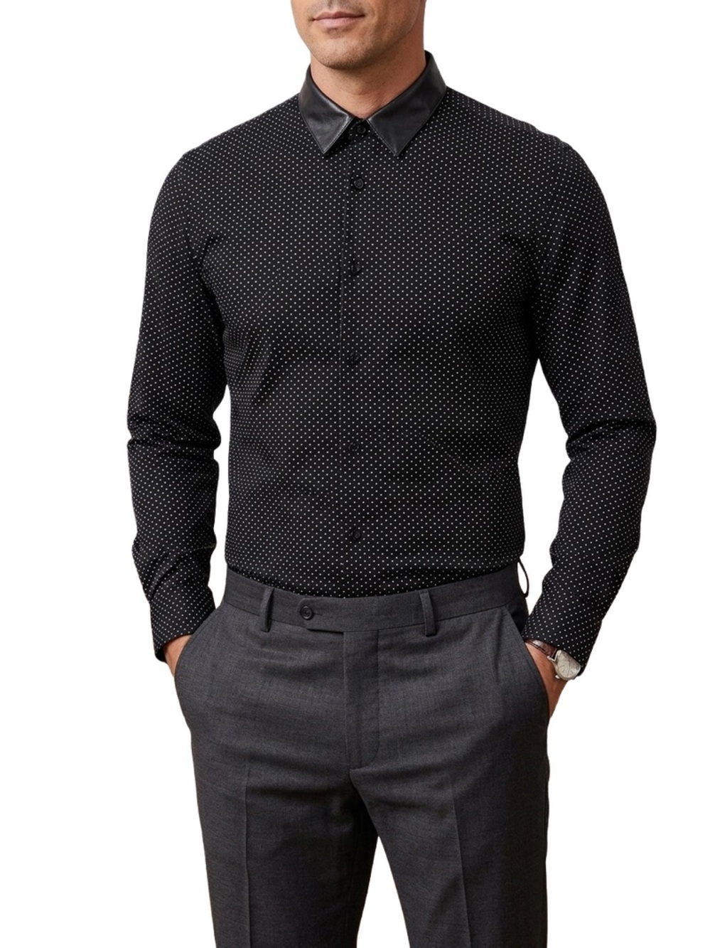The Kooples Black Shirt with White Microdot Print Leather Collar Small